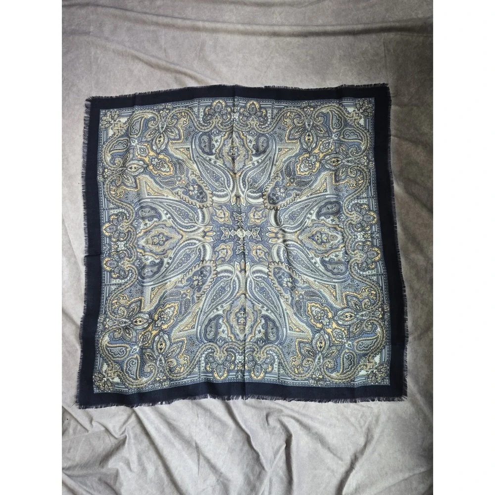 Epitome Wool Scarf Paisley Square Navy Blue Gold Grey Made In Japan Fringe VTG